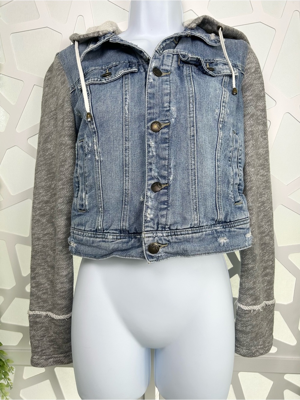 Free People Hybrid Jean Denim Blue Gray Distressed Hoodie Jacket